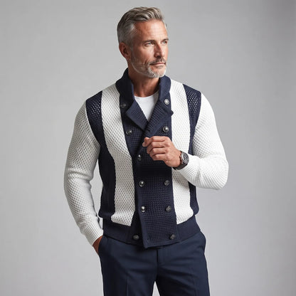 Men's Colorblock Stand Collar Double-Breasted Mesh Hollow Out Cardigan