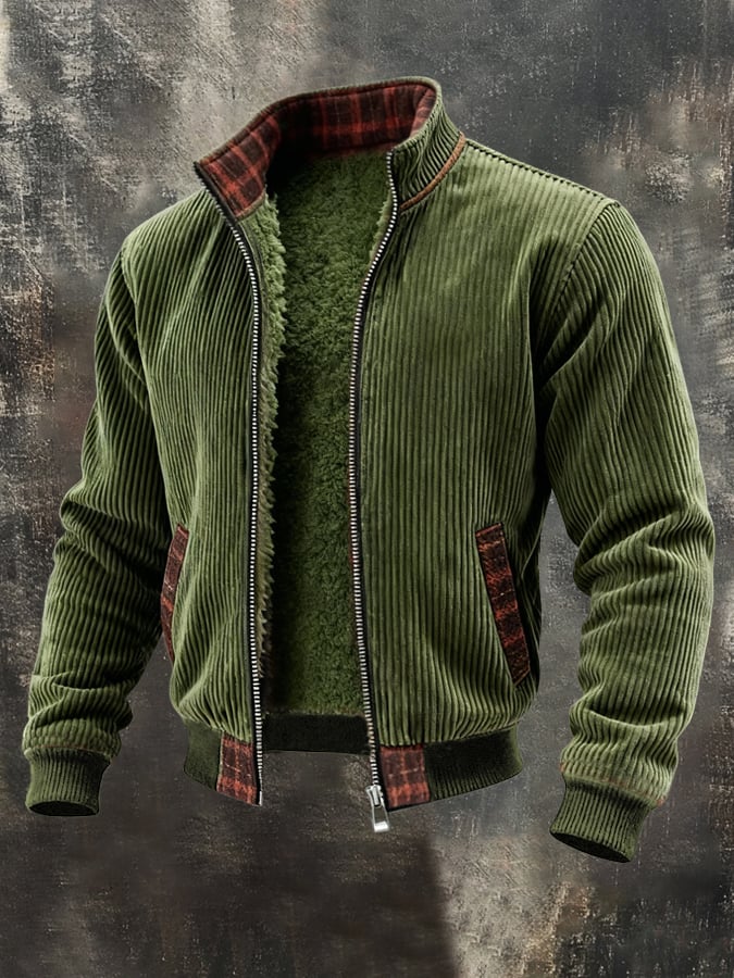 Men's Retro Warm Corduroy Color Block Outdoor Jacket