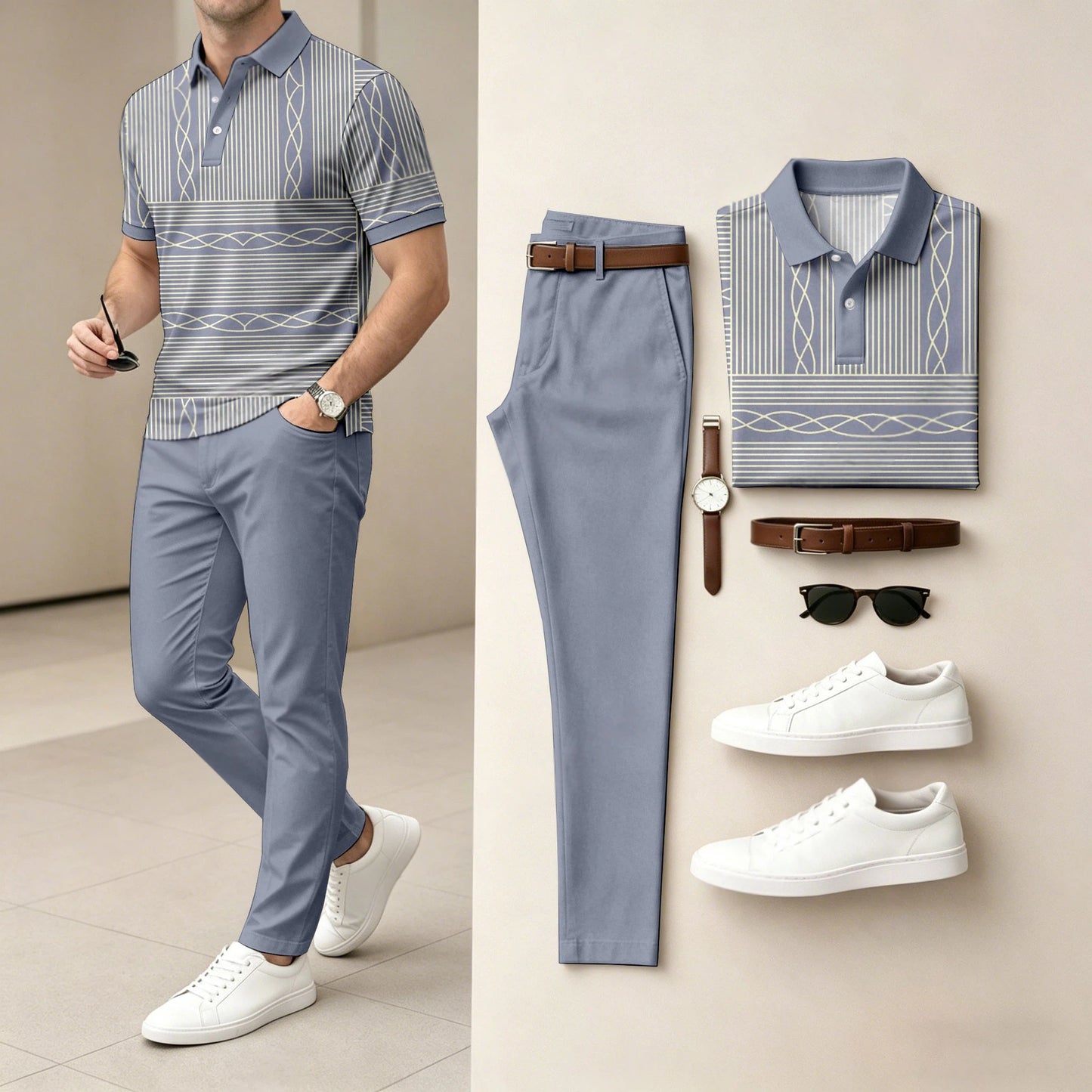 Men's Casual Gray Purple Printed Polo Shirt And Pants Two-Piece Set