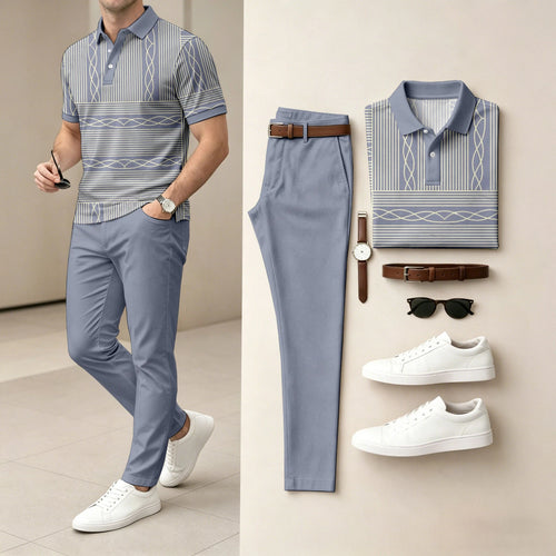 Men's Casual Gray Purple Printed Polo Shirt And Pants Two-Piece Set