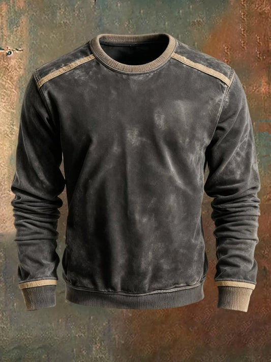Men'S Retro Distressed Stitching Contrast Color Crew Neck Sweatshirt