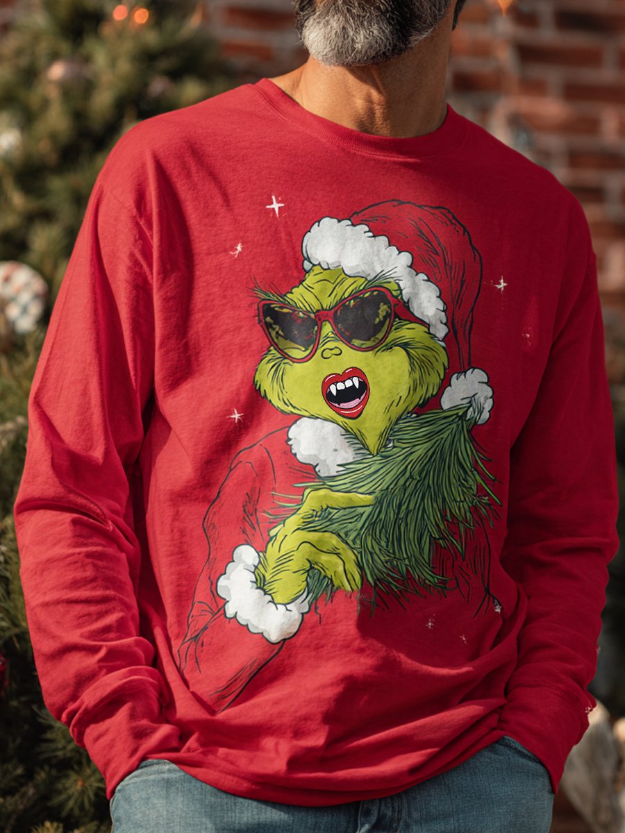 Men's Retro Christmas Green Fleece Long-Sleeve T-Shirt