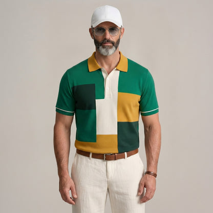 Men's Fashion Colorblock Turndown Collar Short Sleeve Casual Polo Shirt