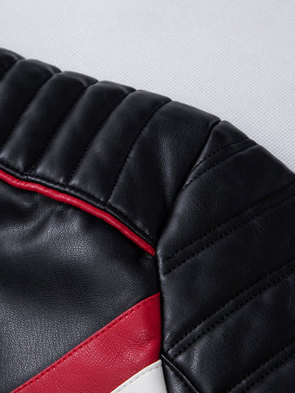 Men'S Fashion Casual Stitching Contrast Color Stand Collar Motorcycle Leather Jacket