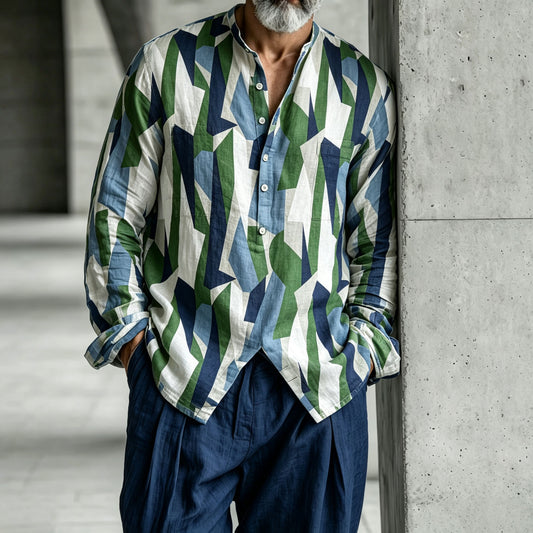 Men's Color-Blocked Stand-Collar Half-Open Henley Shirt and Pants