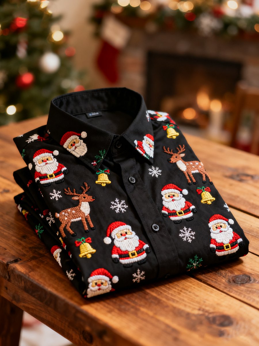 Men's Business Retro Christmas Elk Santa Claus Evergreen Print Long Sleeve Shirt
