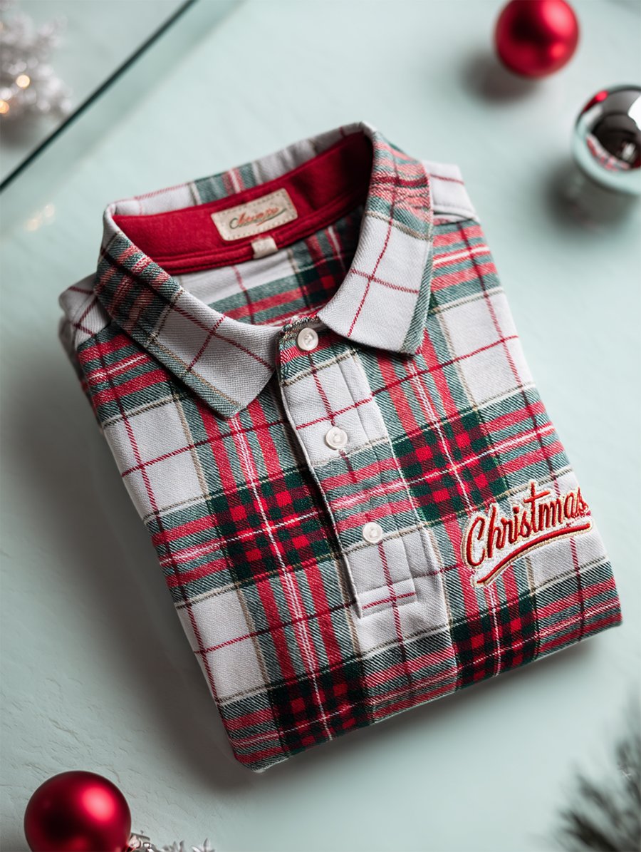 Men's Christmas Plaid Long Sleeve Polo Shirt