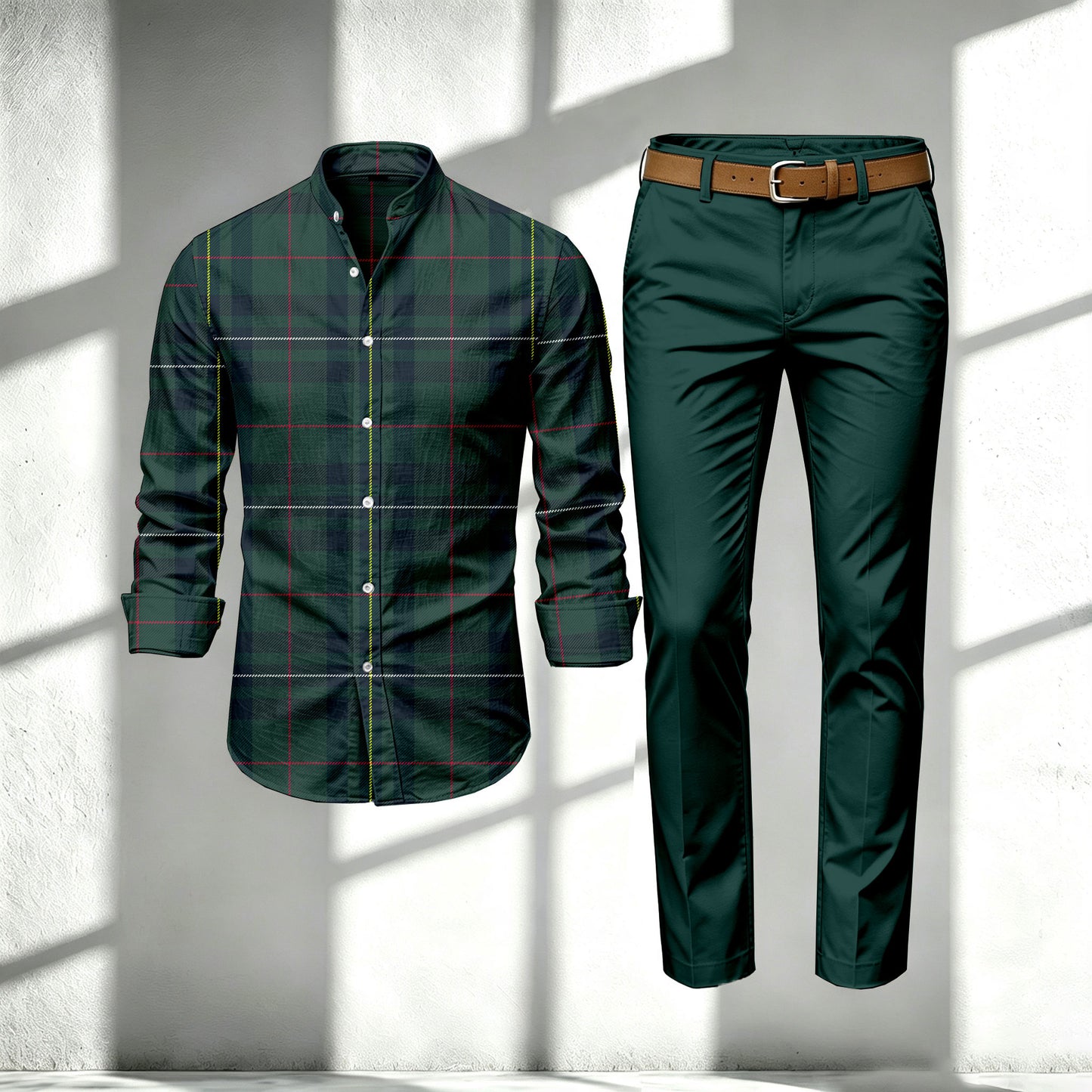 Men's Green Stand-Collar Long-Sleeve Shirt and Pants Set