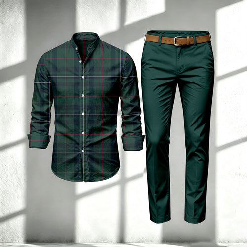 Men's Green Stand-Collar Long-Sleeve Shirt and Pants Set