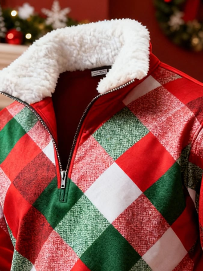 Men's Retro Color Block Print Christmas Fur Collar Sweatshirt