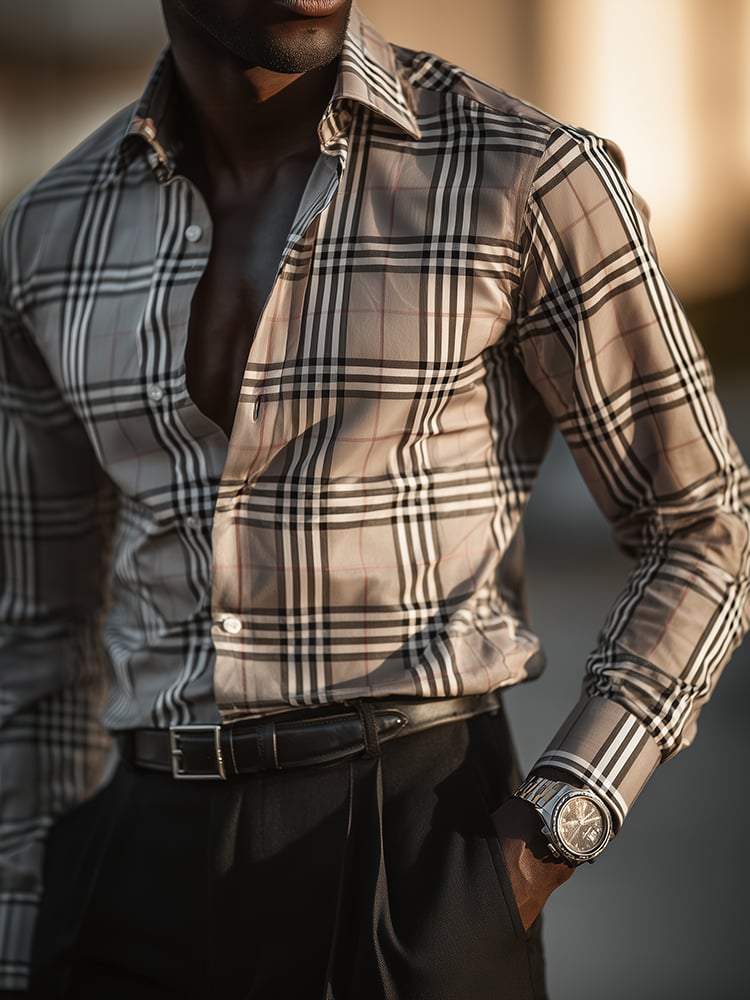 Men's Classic Long Sleeve Checkered Casual Printed Long Sleeve Shirt