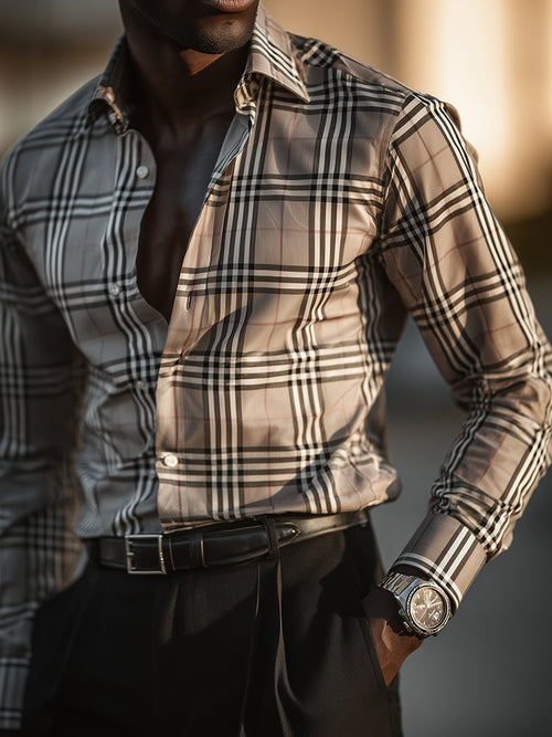 Men's Classic Long Sleeve Checkered Casual Printed Long Sleeve Shirt