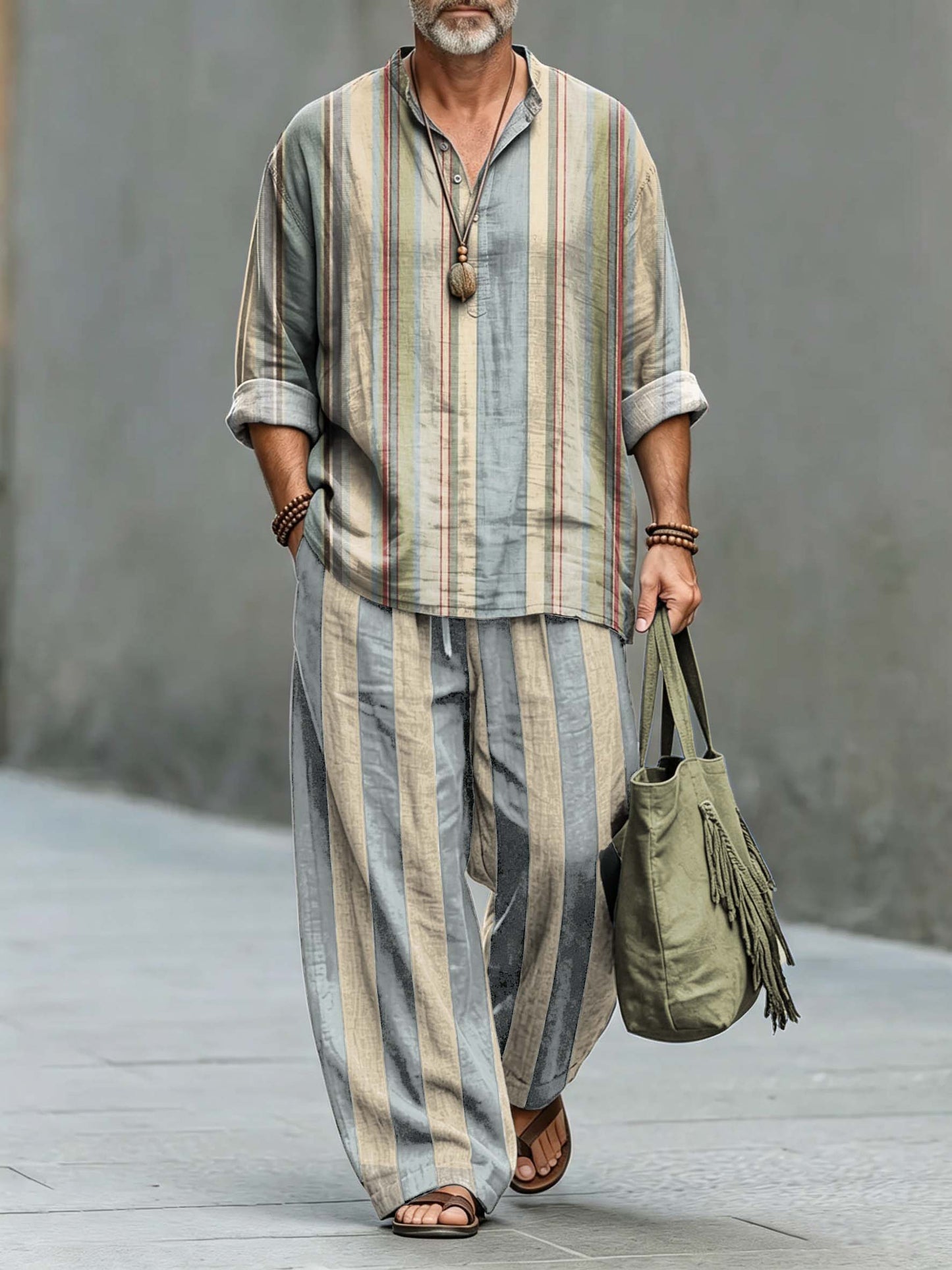 Men's Retro Stripes Art Print Cotton Shirt Set