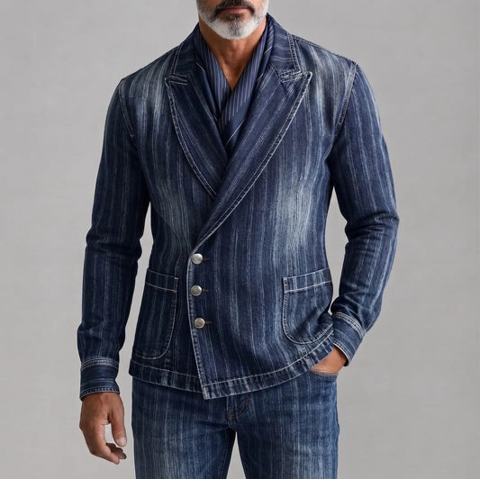 Men's Navy Blue Striped Denim Peak Lapel Asymmetric Single Breasted Blazer
