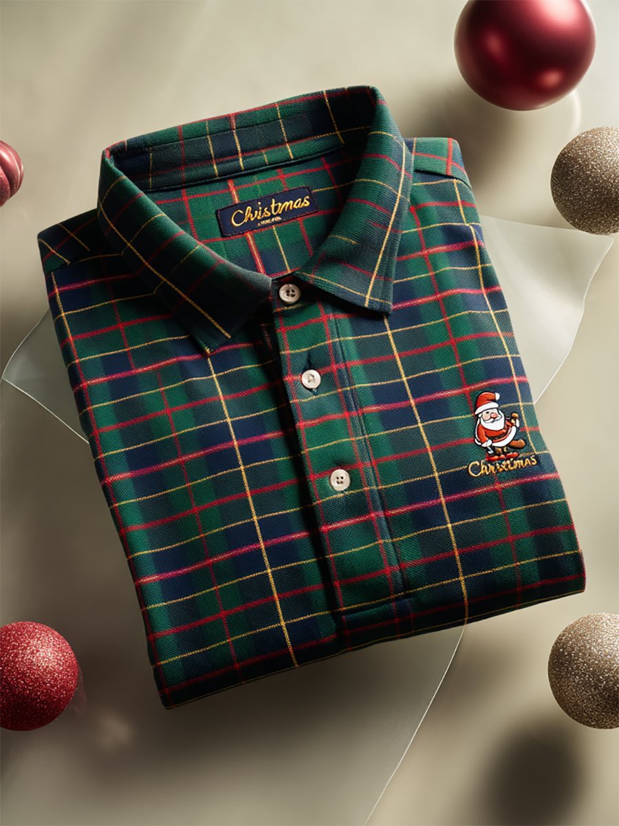 Men's Christmas Plaid Long Sleeve Polo Shirt