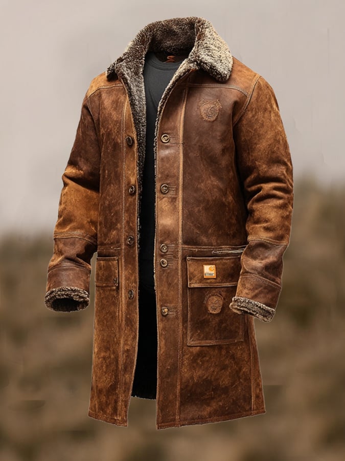 Men's Vintage Distressed Suede and Lambskin Long Coat