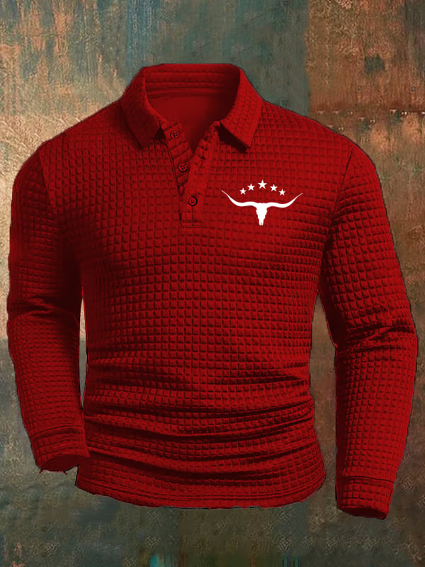 Men's Western Cow Head Design Casual Square Fabric Polo Shirt