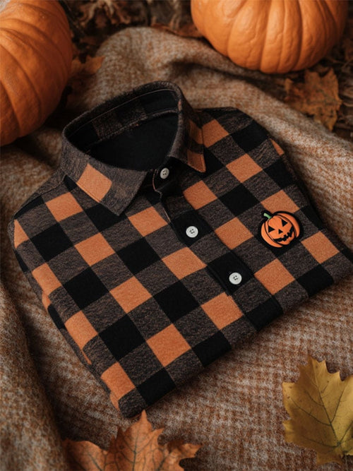 Men's Halloween Plaid Pumpkin Casual Print Polo Shirt
