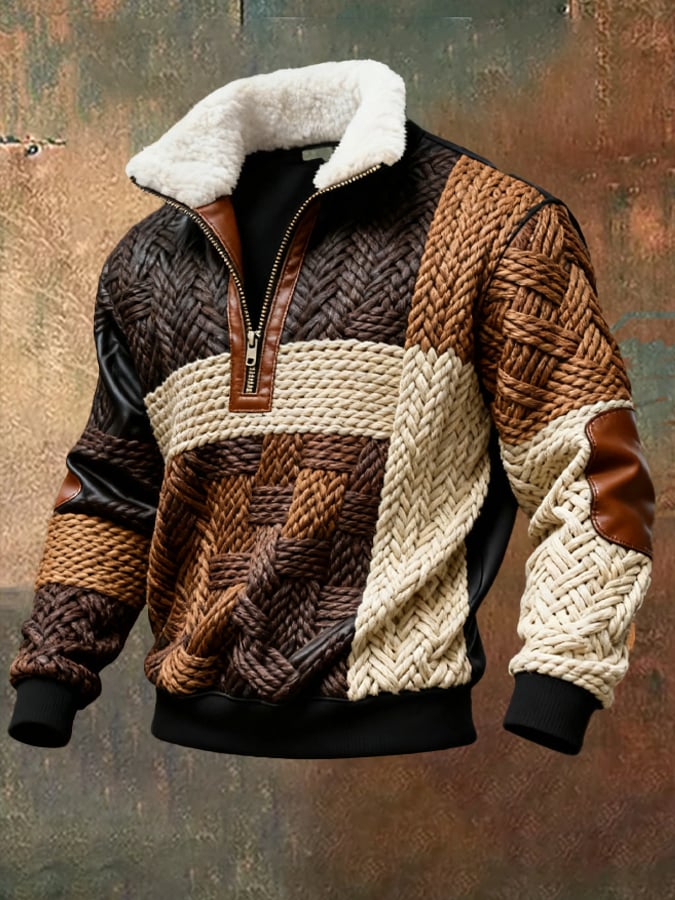 Men's Retro Color Block Print Casual Fur Collar Long Sleeve Sweatshirt