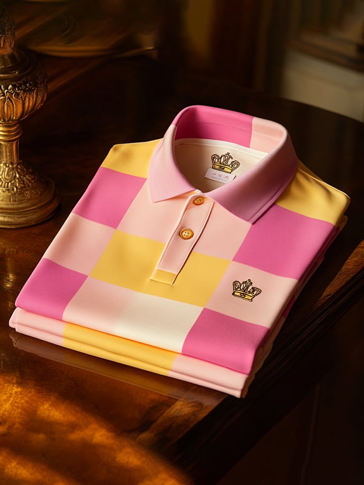 Men's Classic Business Check Logo Button Short Sleeve Polo Shirt