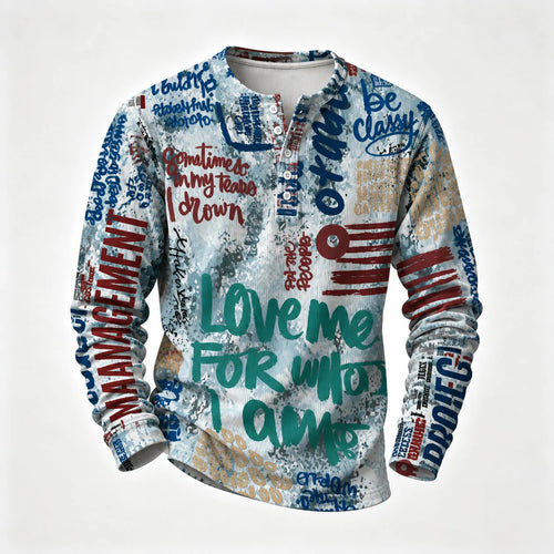 Men's Printed Henley-Neck Long-Sleeve Shirt