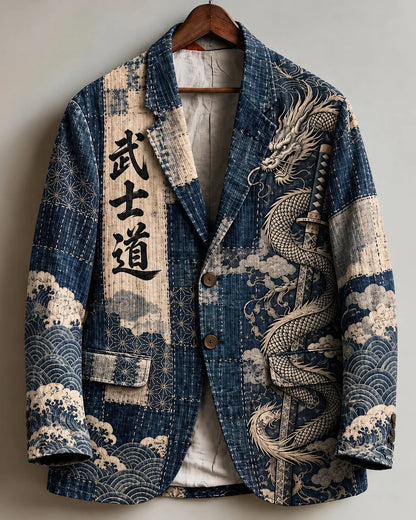 Men's Retro Japanese Art Dragon Print Casual Blazer