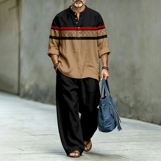 Men's Two-Piece Suit Set with Color-Blocked Stand-Up Collar Polo Shirt and Long Pants