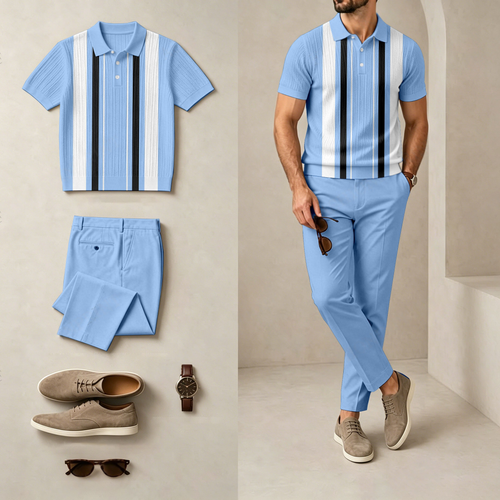 Men's Casual Striped Printed Short-Sleeve Polo Shirt And Pants Set (Excluding Accessories Such As Watches And Glasses)