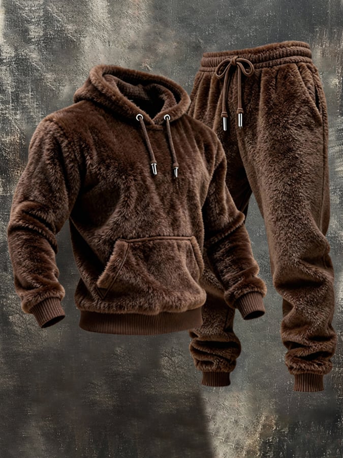 Men'S Warm Soft Plush Casual Hooded Sweatshirt Suit