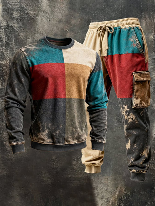 Men's Retro Color Block Contrast Crew Neck Casual Sweatshirt Suit