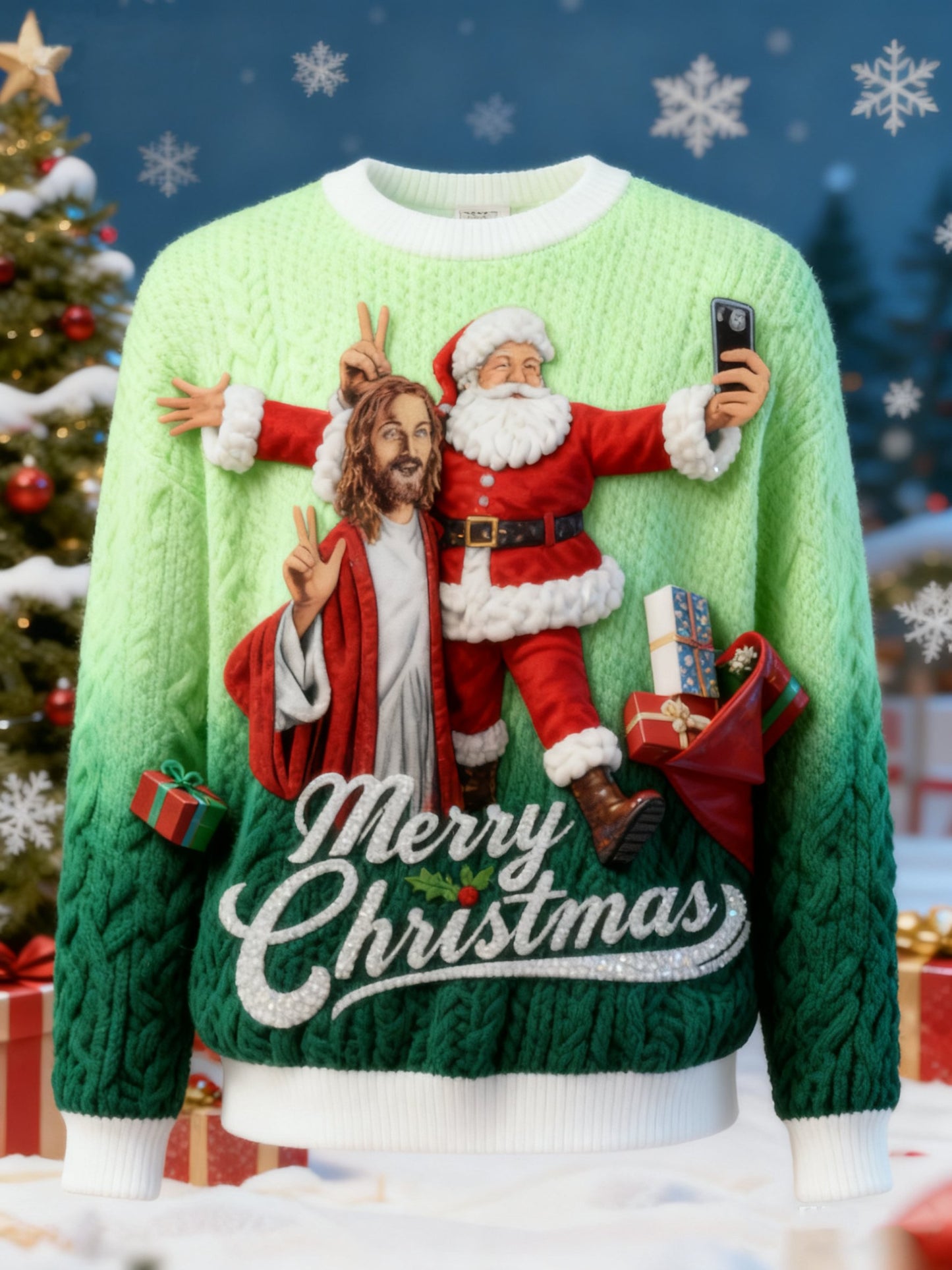 Men's Cartoon Print Ugly Christmas Santa Jesus Pullover Sweater