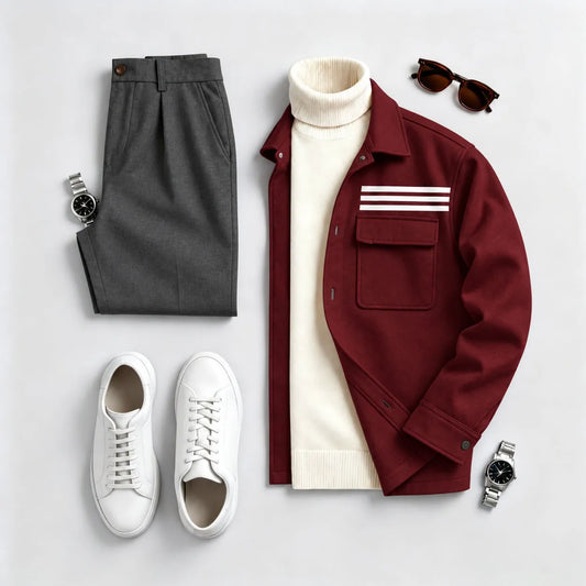 Men's red long-sleeve shirt and long pants two-piece set