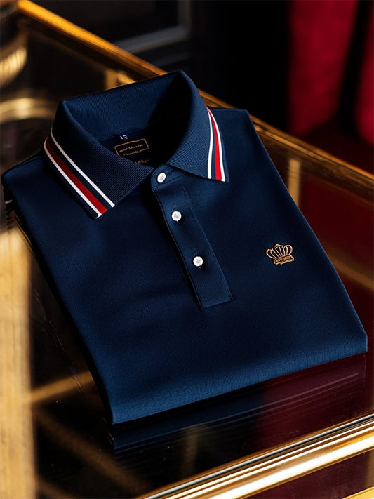 Men's Business Casual Striped Logo Button Short Sleeve Polo Shirt
