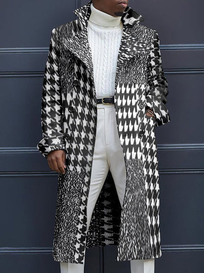 Men's Fashion Geometric Print Double Breasted Casual Windbreaker Coat