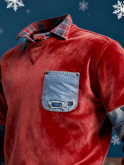 Men's Warm Suede Patchwork Color-Blocked Plaid Faux Two-Piece Christmas Sweatshirt