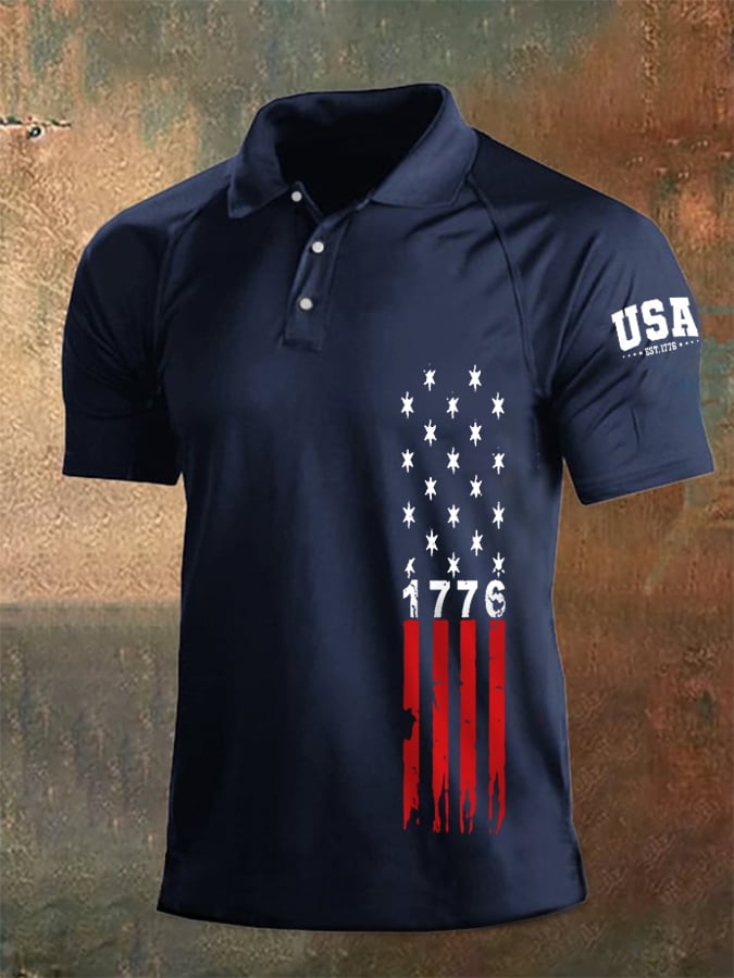 Men's Independence Day 1776 American Flag Print Casual Polo