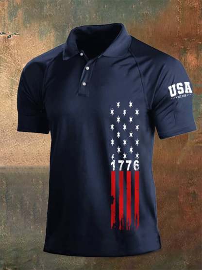 Men's Independence Day 1776 American Flag Print Casual Polo