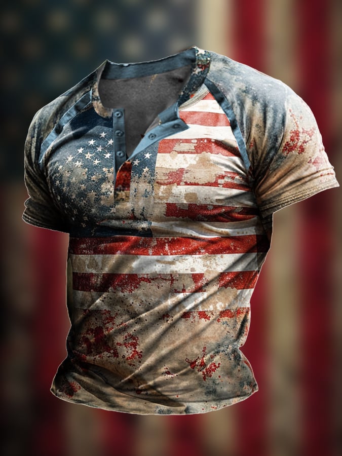Men's The Pledge Independence Day Henley Neck Raglan Sleeve T-Shirt