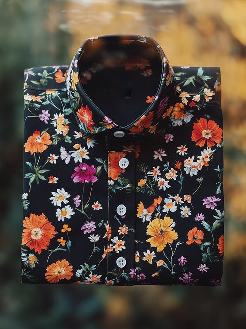 Men's Business Casual Floral Lapel Short Sleeve Shirt