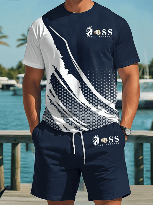 Men's Retro Letter Design Printed Casual Shorts Suit