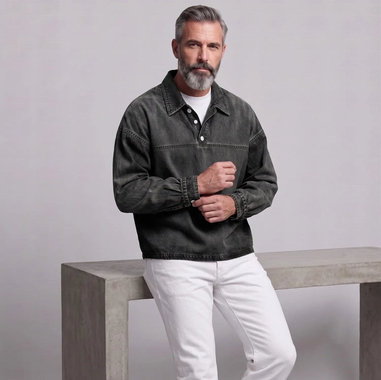Men's Retro Solid Color Turndown Collar Button Half Placket Casual Sweatshirt
