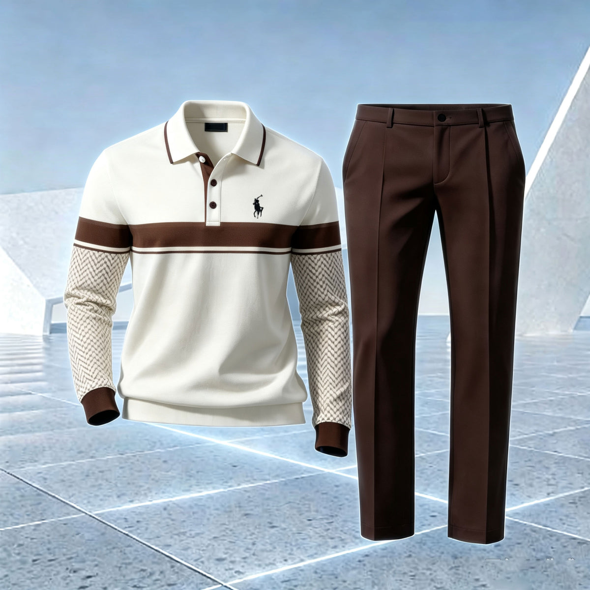 Men's Patchwork Polo Shirt and Pants Set