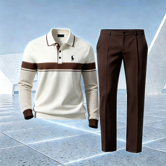 Men's Patchwork Polo Shirt and Pants Set