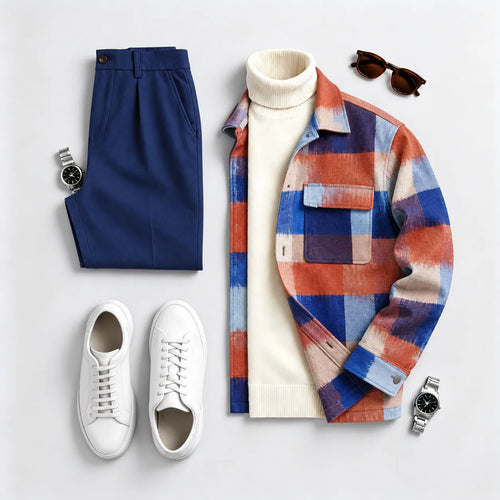 Men's plaid printed long-sleeve shirt and long pants two-piece set