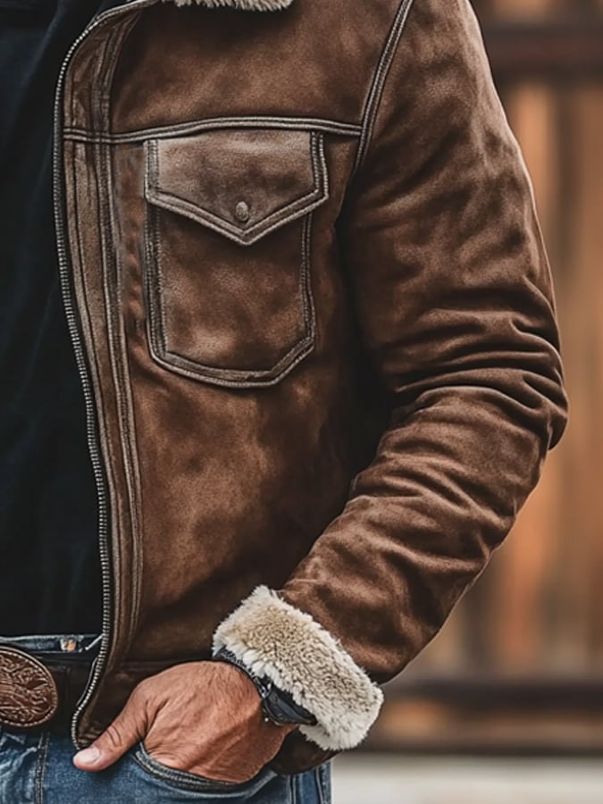 Men's Retro Classic Distressed Casual Fur Collar Pocket Jacket