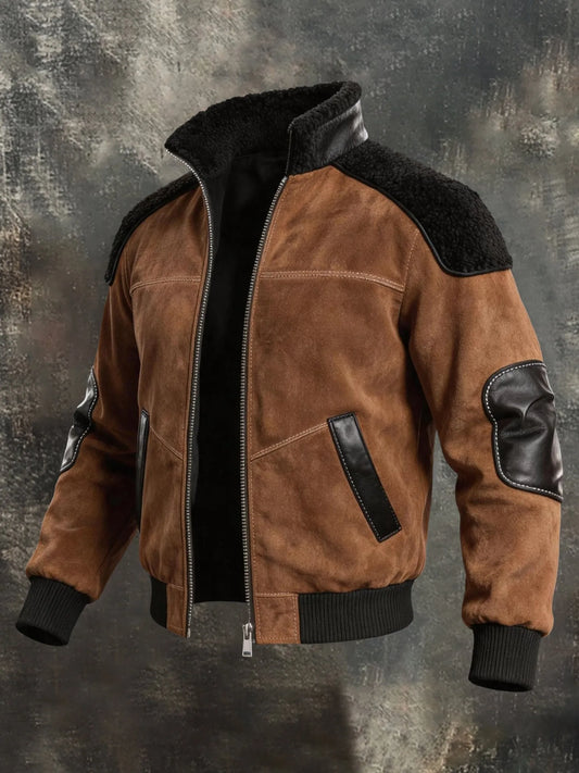 Men's Retro Faux Suede Color-Block Jacket with Warm Fur Collar