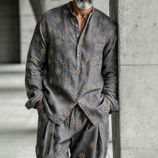 Men's Floral Stand-Collar Half-Open Henley Shirt and Pants