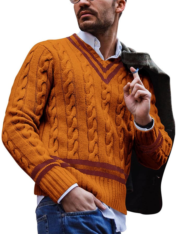 Men's Casual Striped Contrast V-Neck Cable Knit Sweater