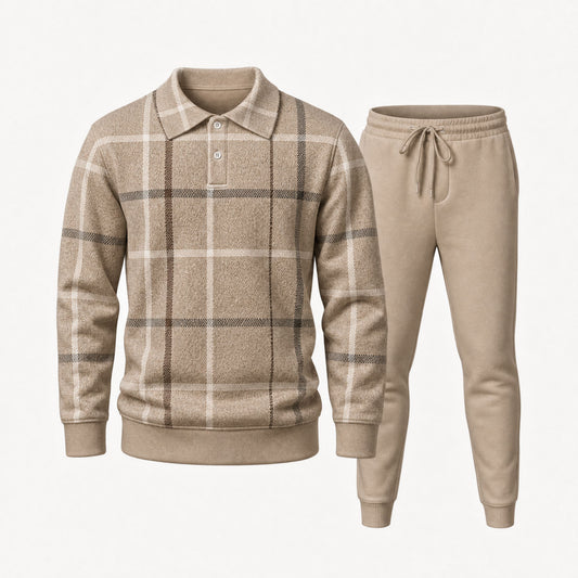 Men's Checkered Print Polo Shirt and Pants Two-Piece Set