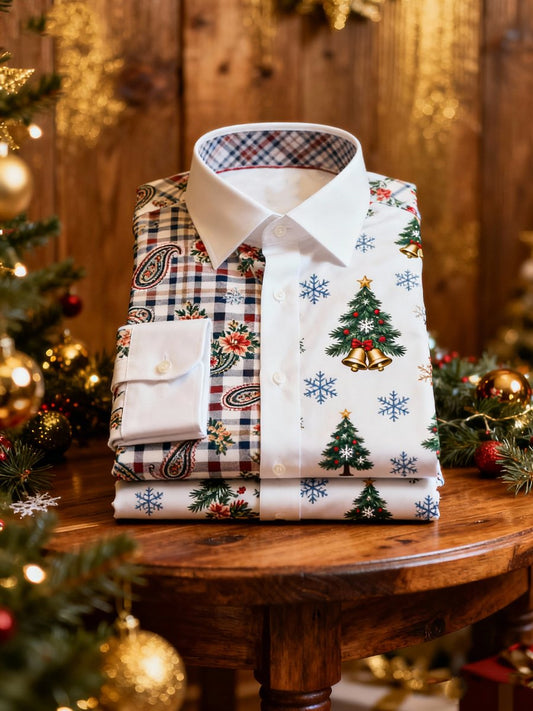 Men's business plaid paisley Christmas evergreen print long-sleeved shirt